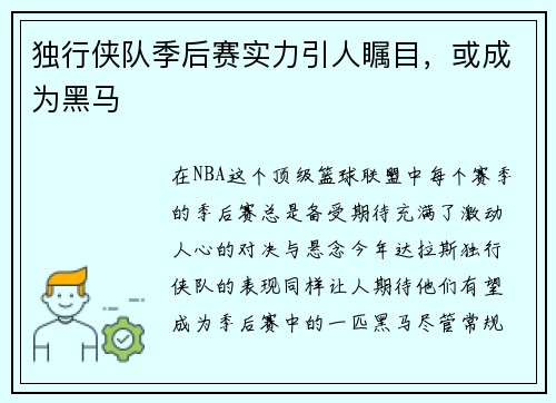 独行侠队季后赛实力引人瞩目,或成为黑马